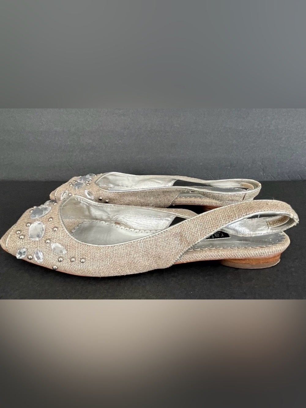 Rafe New York Slingback Woven Taupe Slides Silver Gem Accents Peep Toe Flats